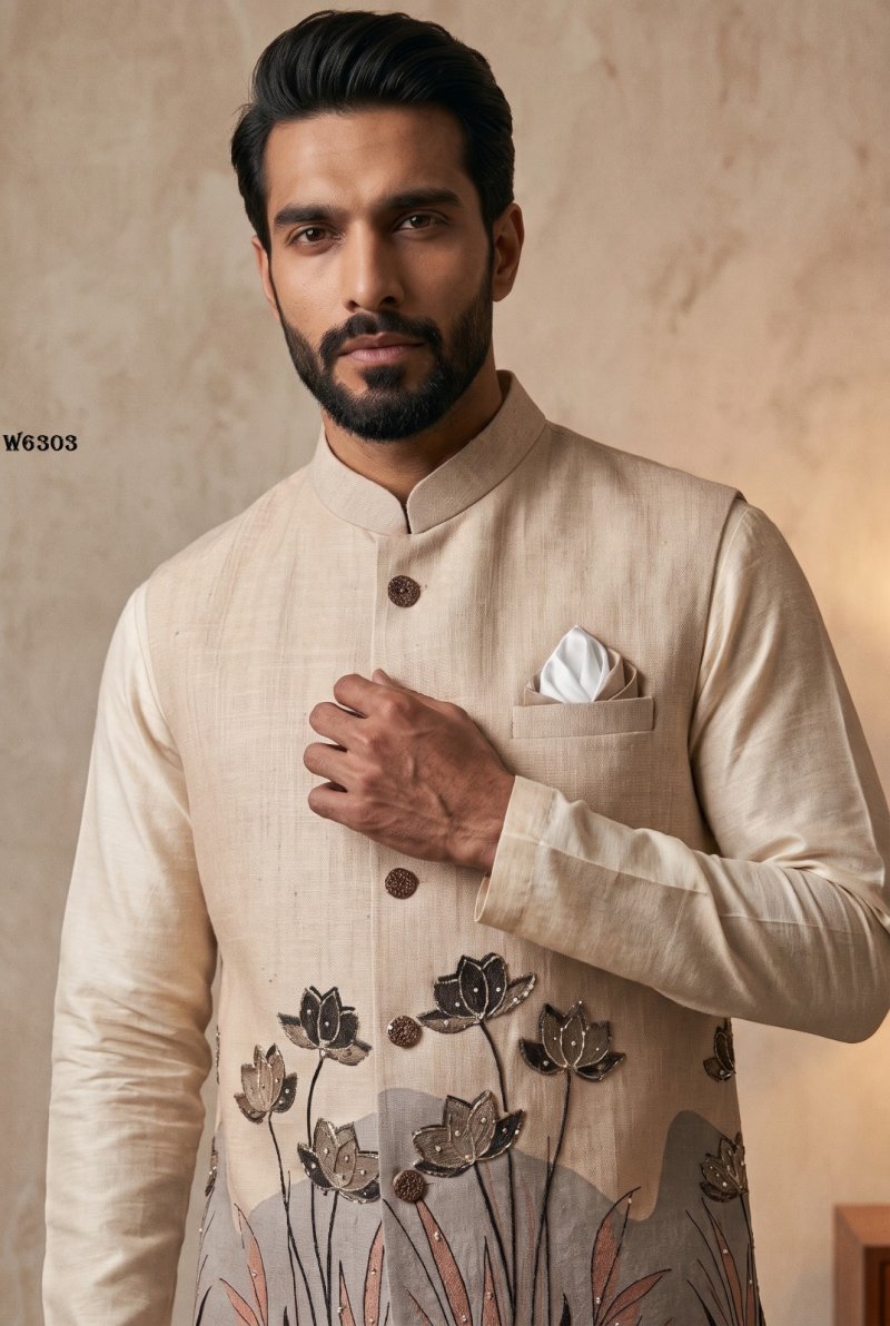 Cream Outluk Wedding Vol 63 Linen Modi Jacket Collection W6303.